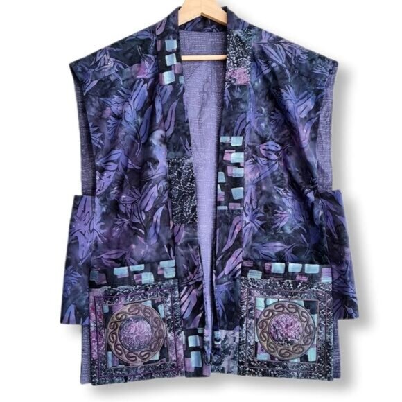HANDMADE Boho Open Front Embroidered Vest Abstract Floral Purple Sz L - Picture 1 of 15